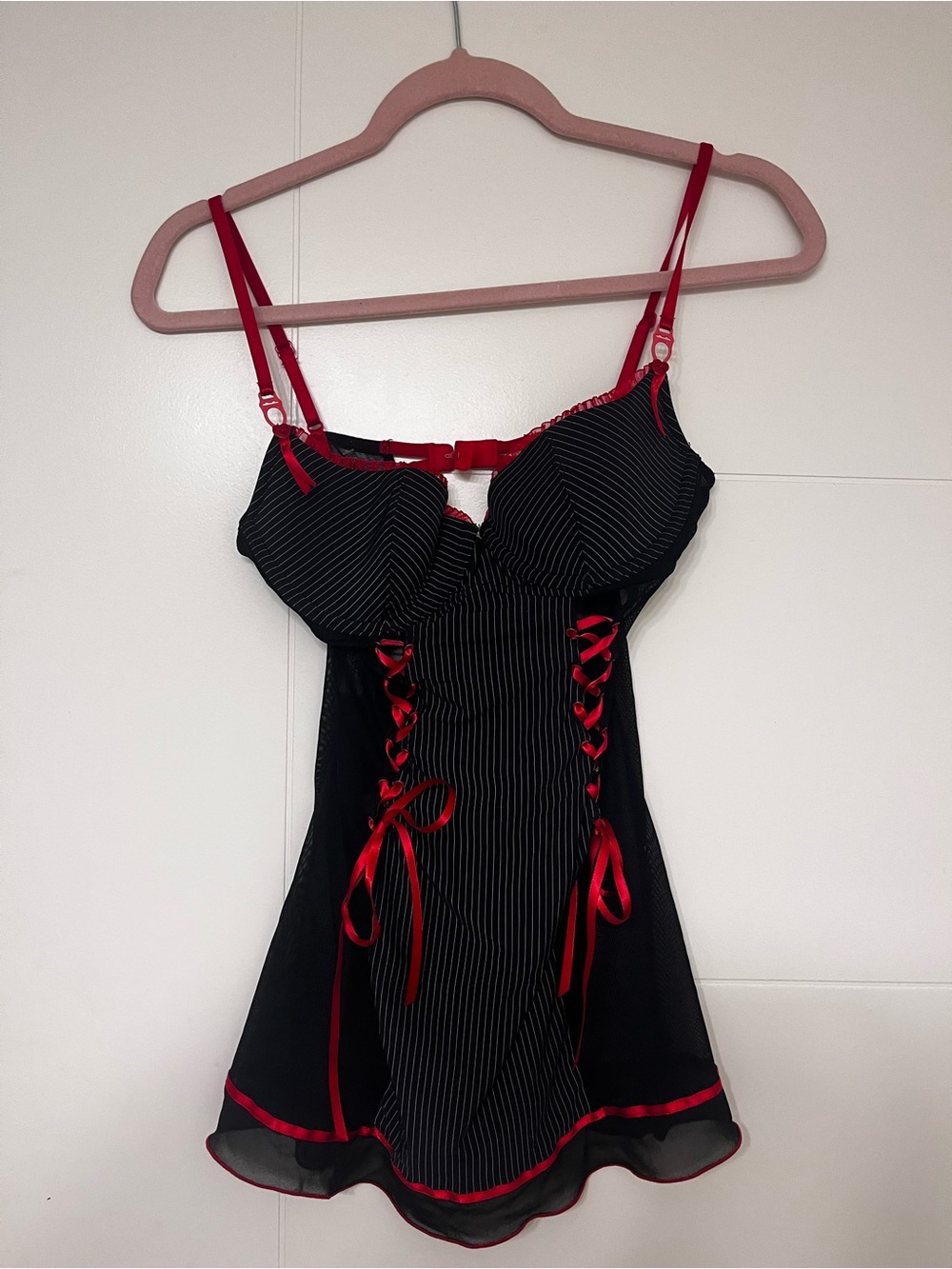 Black & Red Pinstripe Lace-Up Chemise